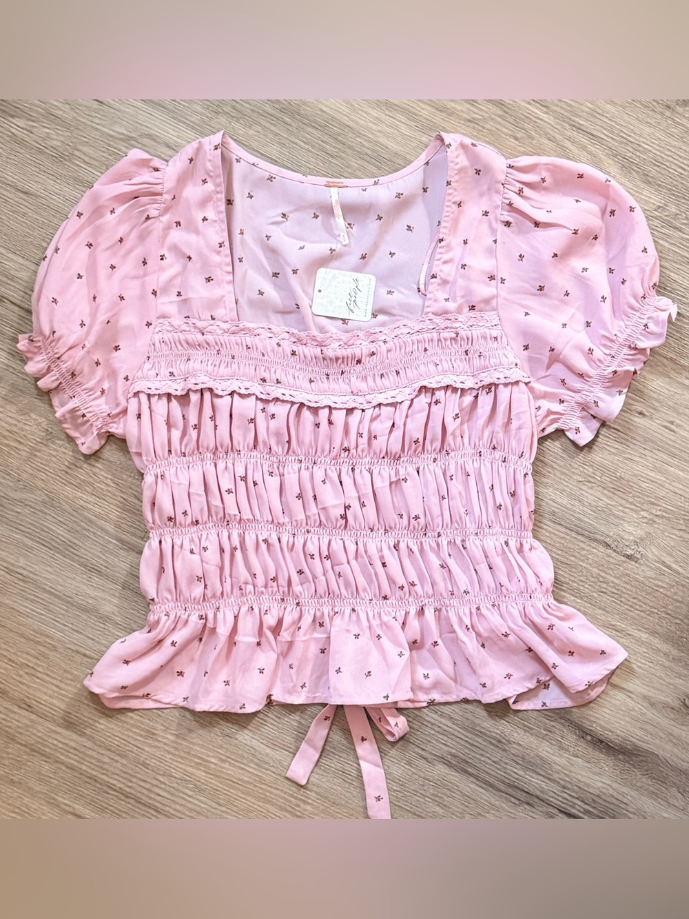NWT Free People Adore You Floral Smocked Peplum Blouse Mauve Pink Puff Sleeve S